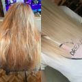 Фото волос девушки Ксении, которая оставила негативный отзыв. Где она утверждает что эффекта нет совсем и требует возврат денежных средств. Фото до с этим она ко мне пришла, после спустя 5 дней.