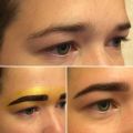 Очищение бровей цветочной водой, скрабирование кожи, архитектура бровей броу пастой Glossy Gold, окрашивание бровей хной, коррекция нитью и пинцетом, заключительный макияж