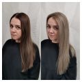 Ко мне обратилась девушка был блонд. Потом закрасила в натуральный шоколадный цвет. Поняла, что темный цвет не подходит. По моим рекомендациям неделю смывали спец шампунем и маска восстановление.
При встрече сделали в технике аиртач, микромелирование, тонирование Пеными банями антижелтизна, уход восстановление после окрашивания кератин маска, несмываемый уход. На окрашивание нужно 5 часов